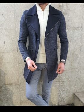 Men’s Retro Moto Jacket Grey Slim Fit Pea Coat European Vintage Style Overcoat